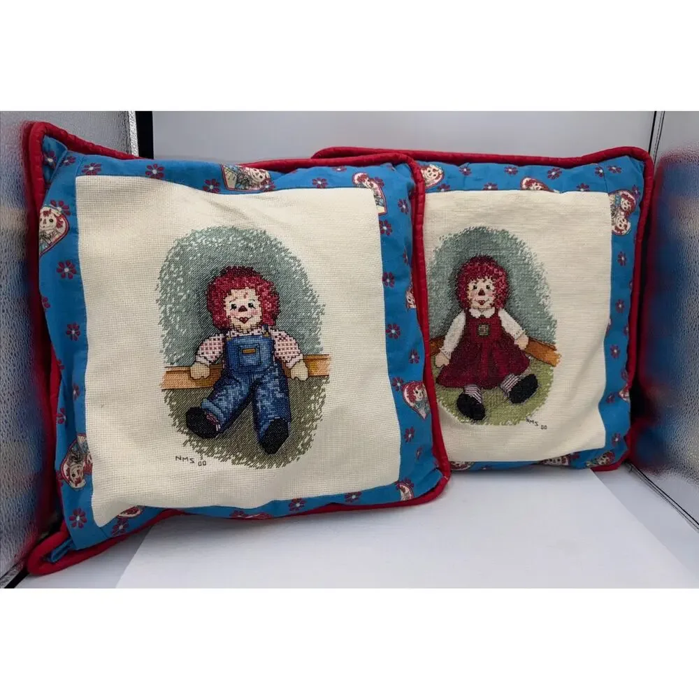 Handmade Raggedy Ann & Andy Tapestry‎ & Quilted Pillow Set 16x16